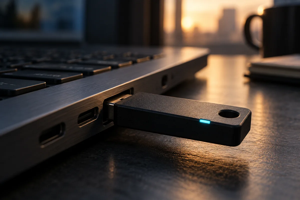 Een fysieke toegangssleutel aangesloten op een laptop