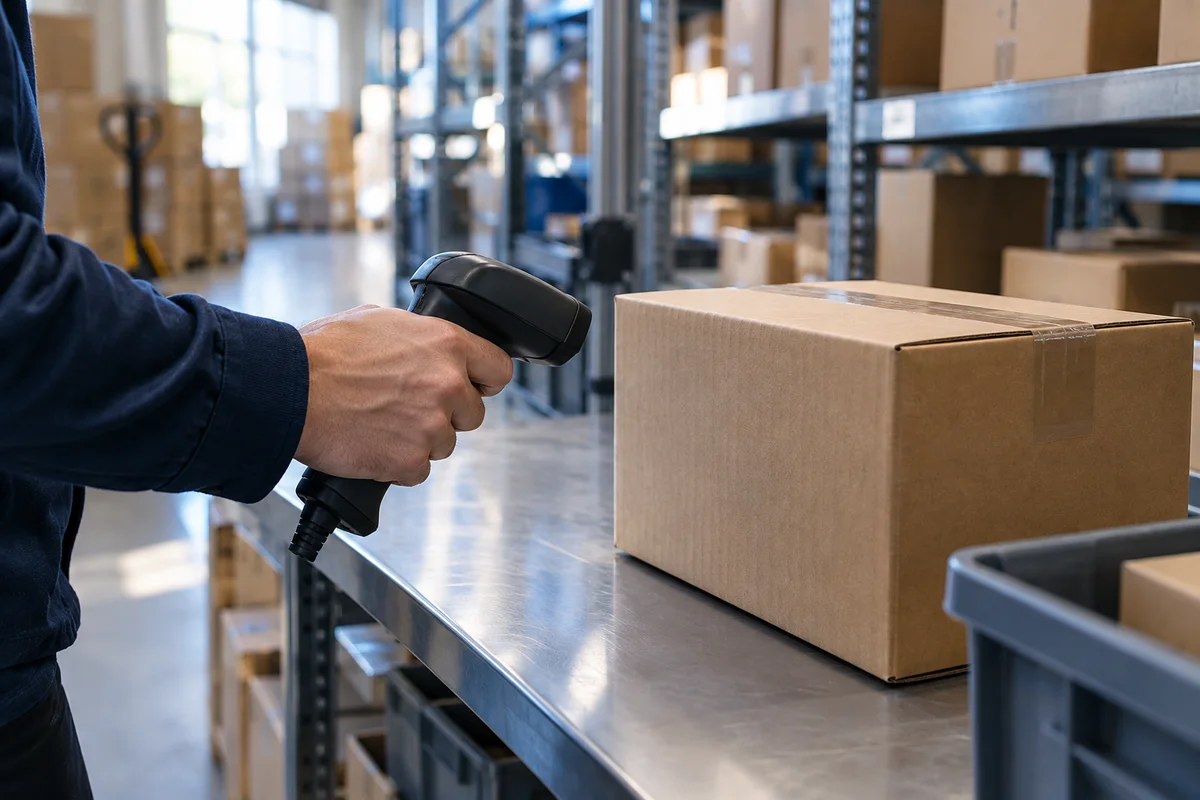 Handscanner bij een verzenddoos in een magazijn