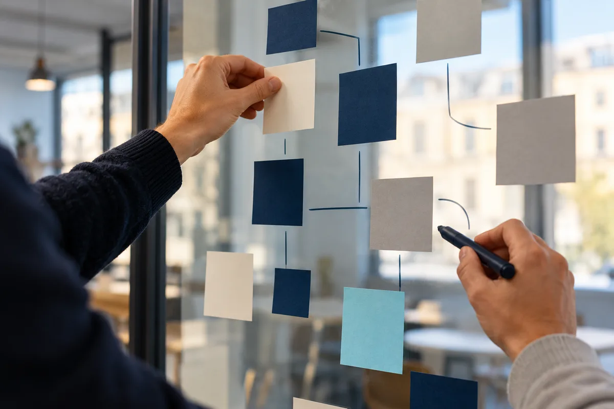 Anonieme handen ordenen een proces op een planbord
